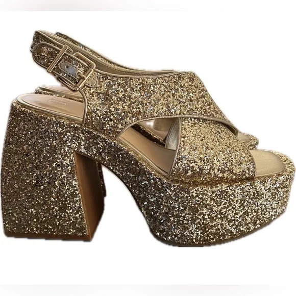 Gianni Bini NWOT GB Gold Glitter Platform Sandals Size 8 Retro Disco Heels - Picture 7 of 8